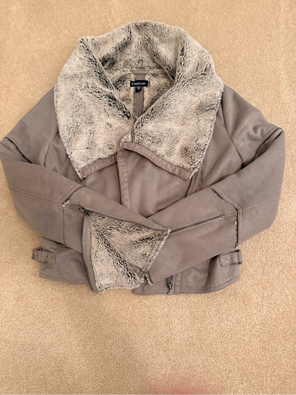 bebe Taupe Faux-Shearling Collar Moto Jacket